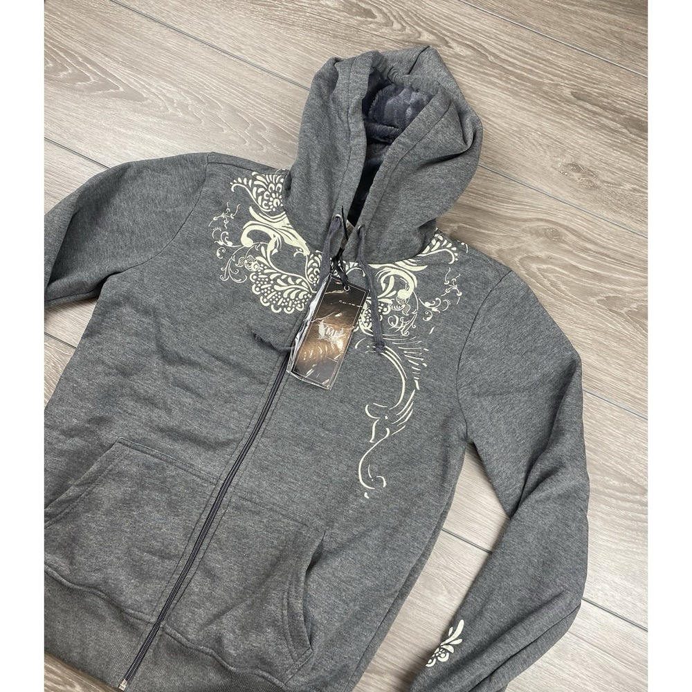 YMI Women's Full‎ Zip Graphic Rhinestone Hooded Sweatshirt Grey Size Large New